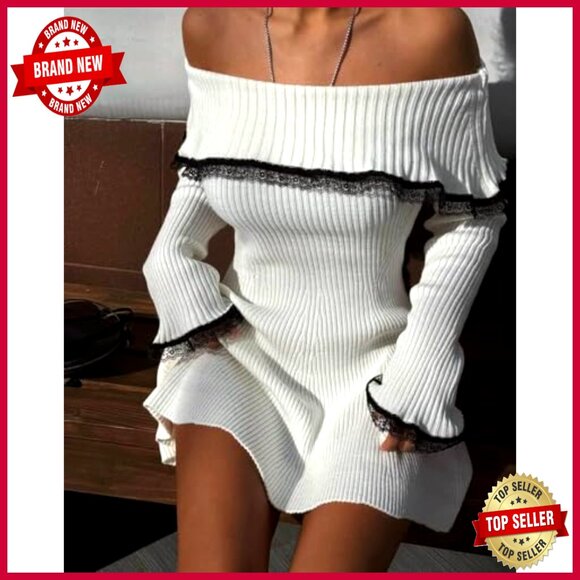 Off Shoulder Bodycon Sweater Dress Lace Trim Long Sleeve Knit Pullover Y2K - Picture 2 of 5
